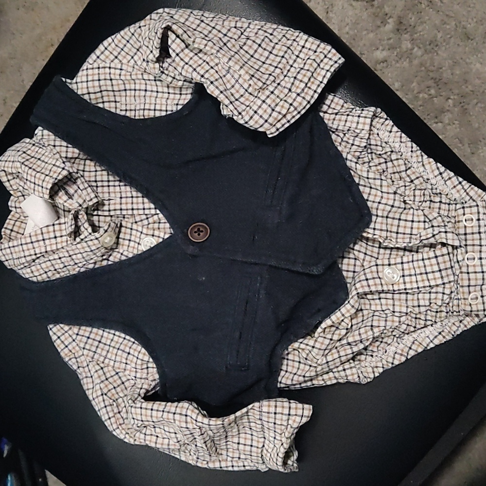 3-6 month navy and brown Koalakids jumpsuit with vest and suspenders